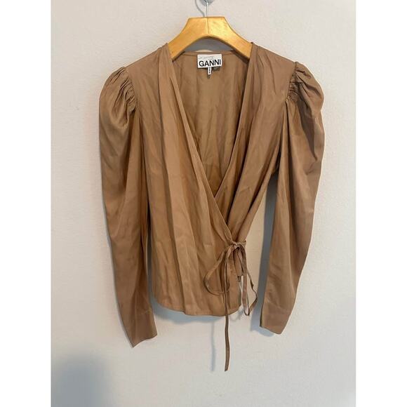 GANNI Women’s Viscose Twill Neutral Minimalist Wrap Blouse Sz 36 (S/M) - Picture 2 of 7